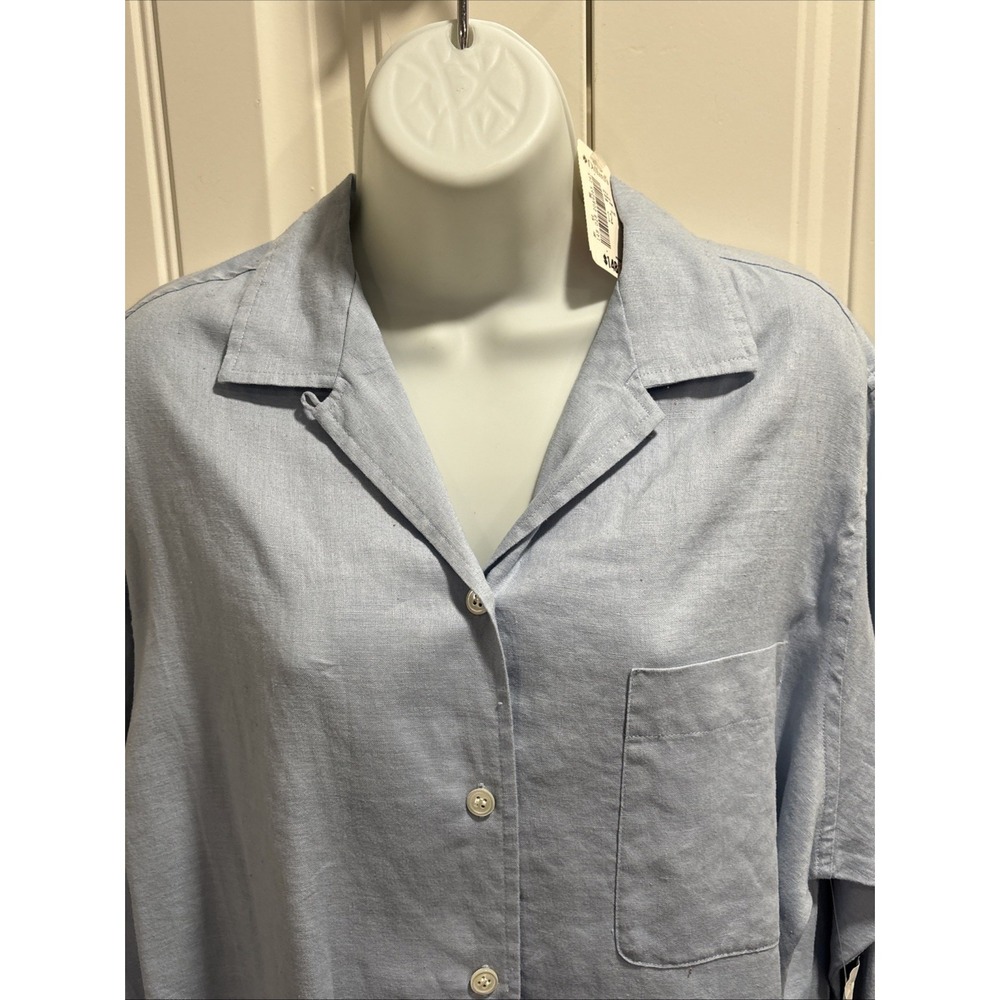 Anne Klein Women Blue Linen Long Sleeve Button-Down Shirt V Neck Size 12 NWT - Picture 4 of 15
